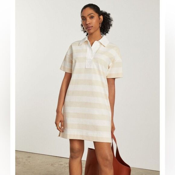 Everlane NWT The Organic Cotton Polo Dress Size Small White and Tan Striped - Picture 1 of 8